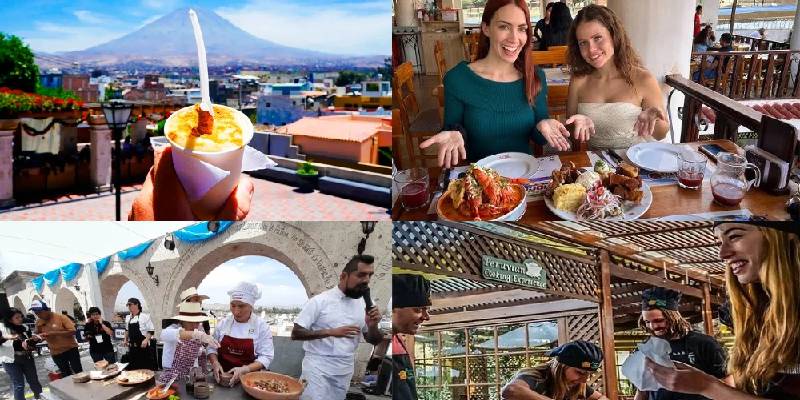 Turistas descubriendo la gastronomía arequipeña durante un recorrido gastronómico